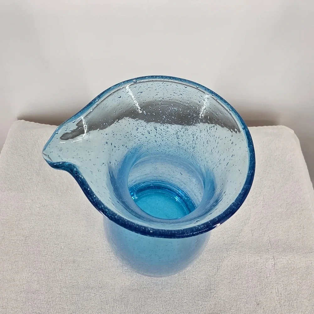 VTG Hand Blown Blue Seeded Bubble Glass Pitcher Carafe Spout 12.5 Inch Art Glass
